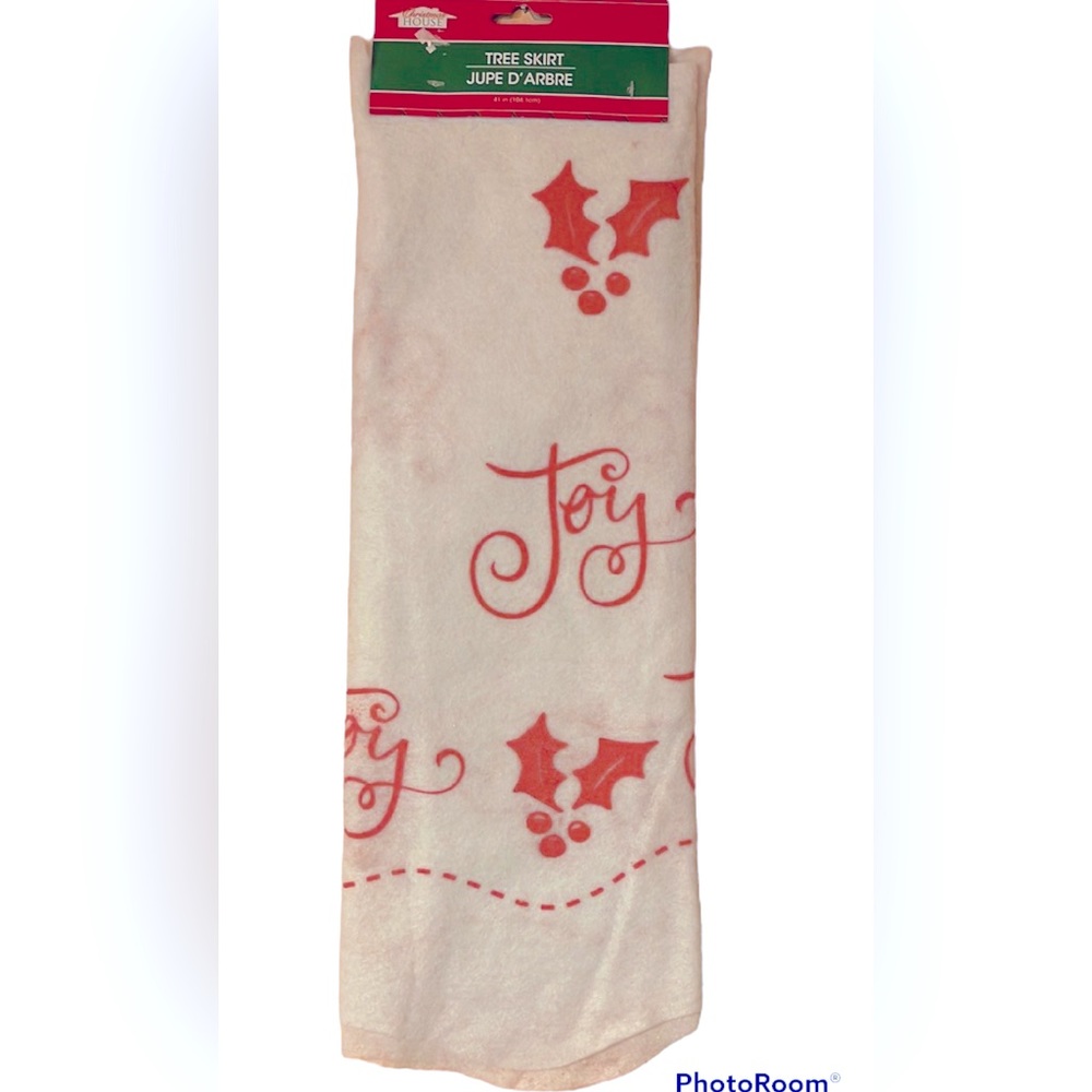 CHRISTMAS TREE White FELT TREE SKIRT ~Joy Red Berry Holly 41”